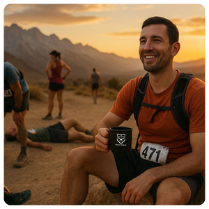 Trail runner finishing a race, sitting and enjoying a cup of decaf coffee.